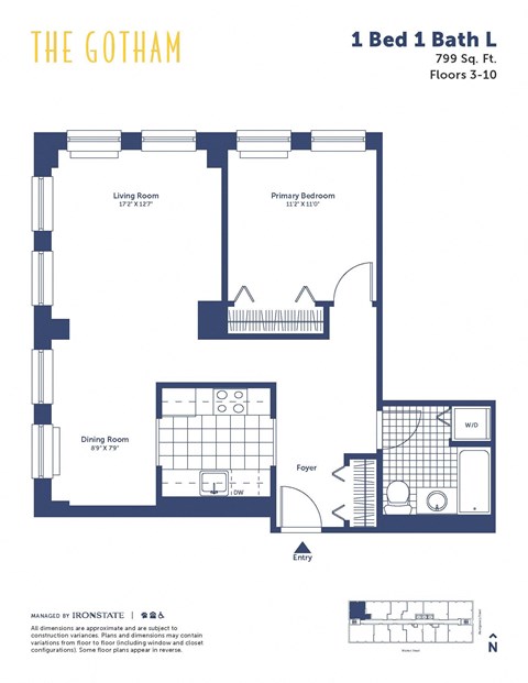Floor plan for 1 bed, 1 bath, 799 sqft